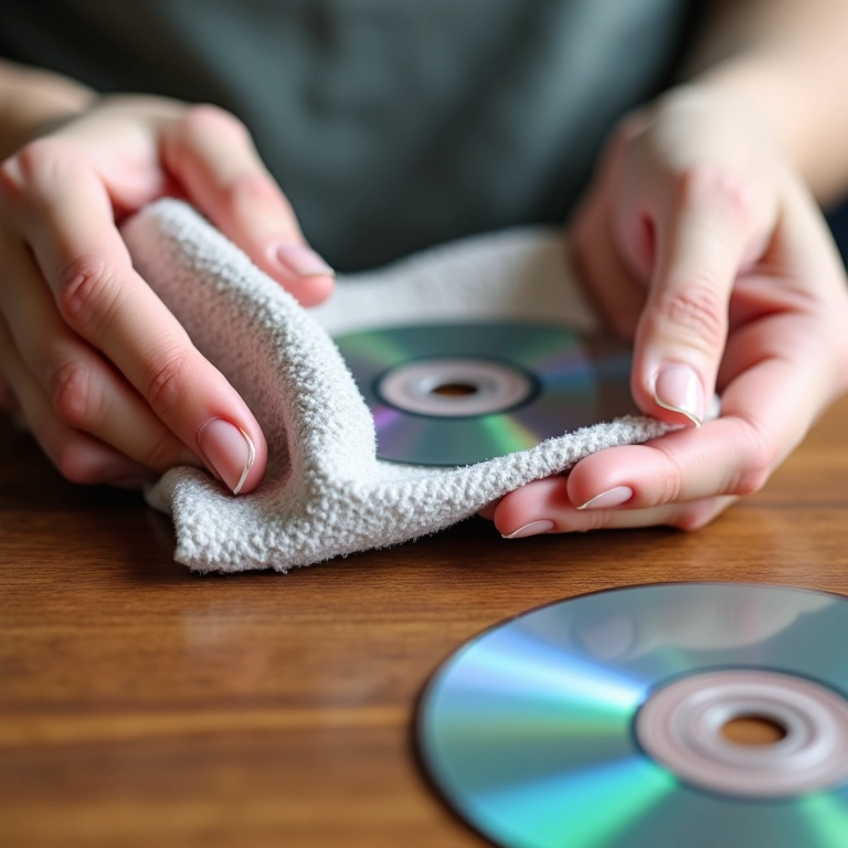 Mãos limpando CD para artesanato.
