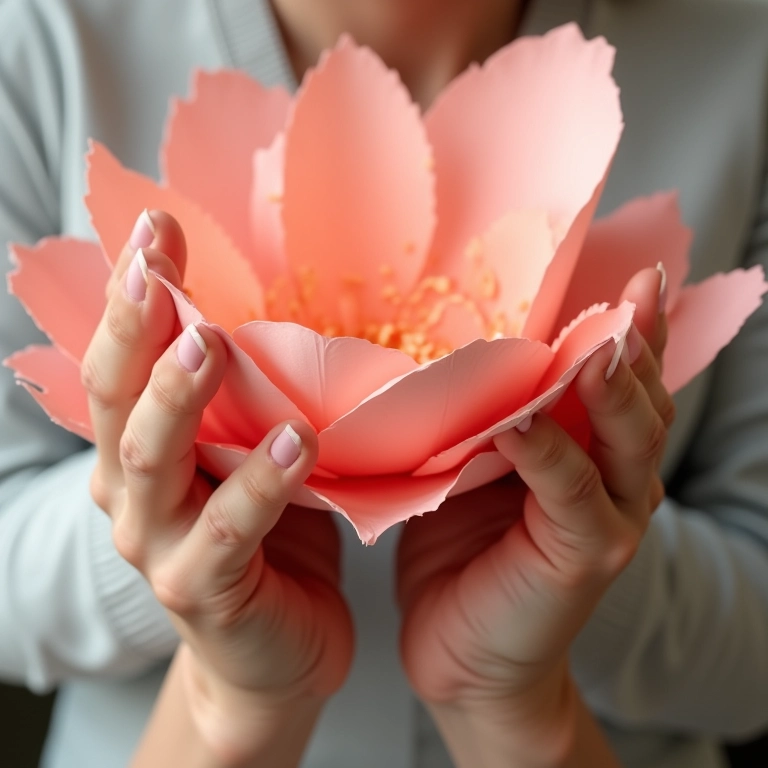 Mãos moldando pétalas de flor de papel delicadamente.