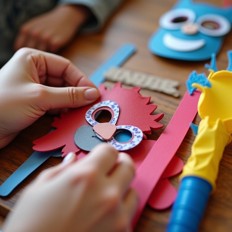 Mãos montando lembrancinhas temáticas para festa infantil.