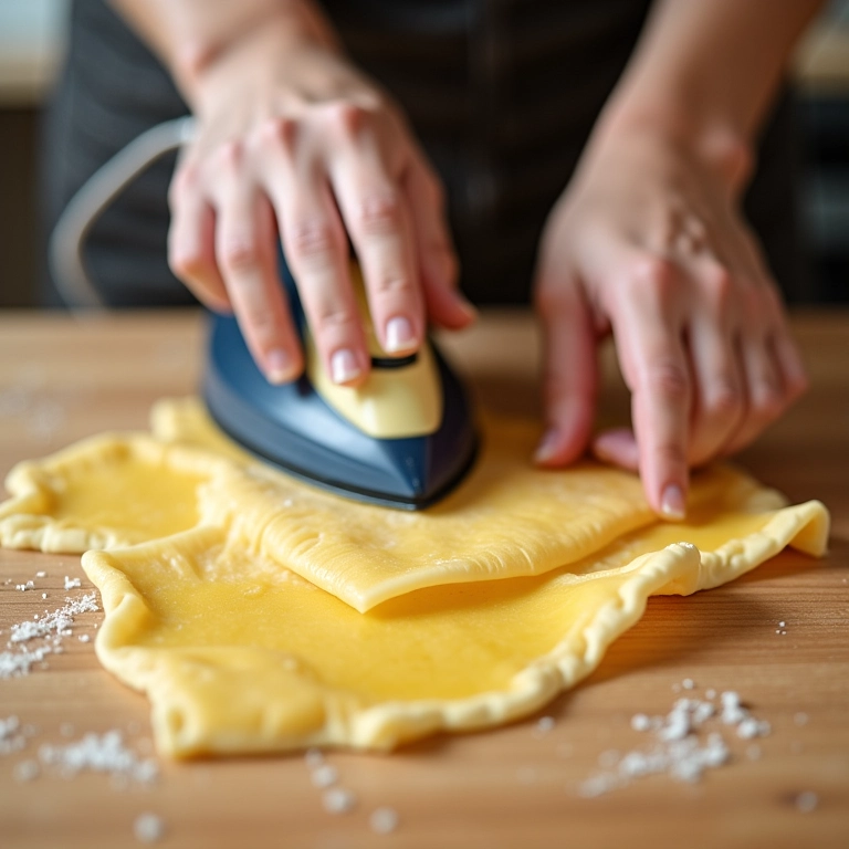 Mãos passando tiras de 'jelly roll' em uma mesa de madeira, preparando para a costura.