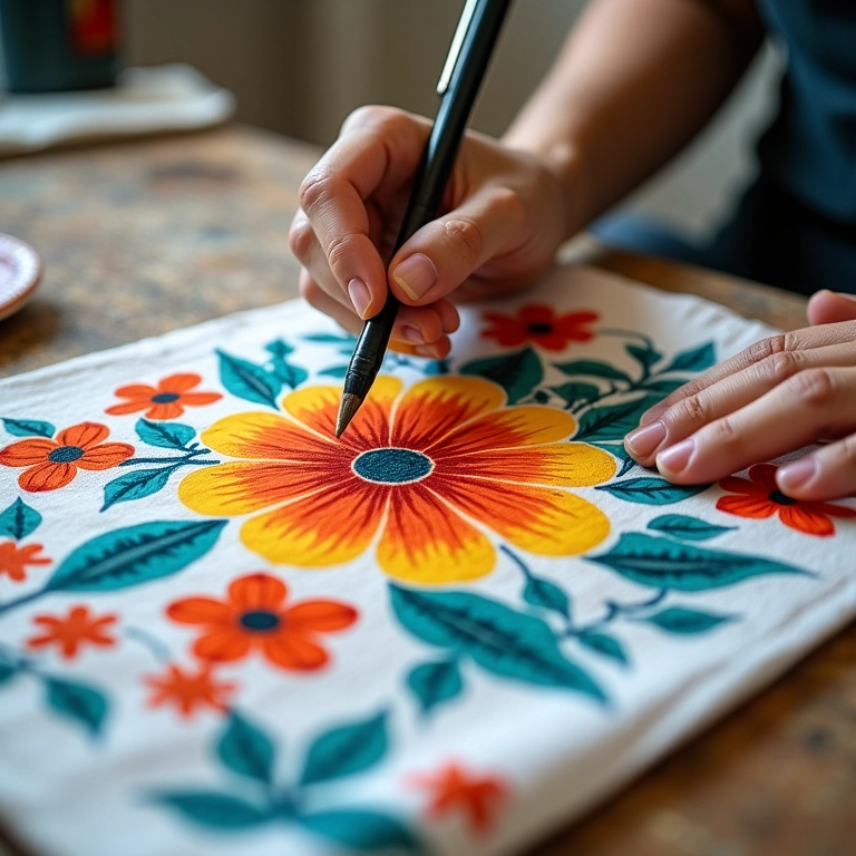 Mãos pintando um pano de prato com um padrão floral colorido.