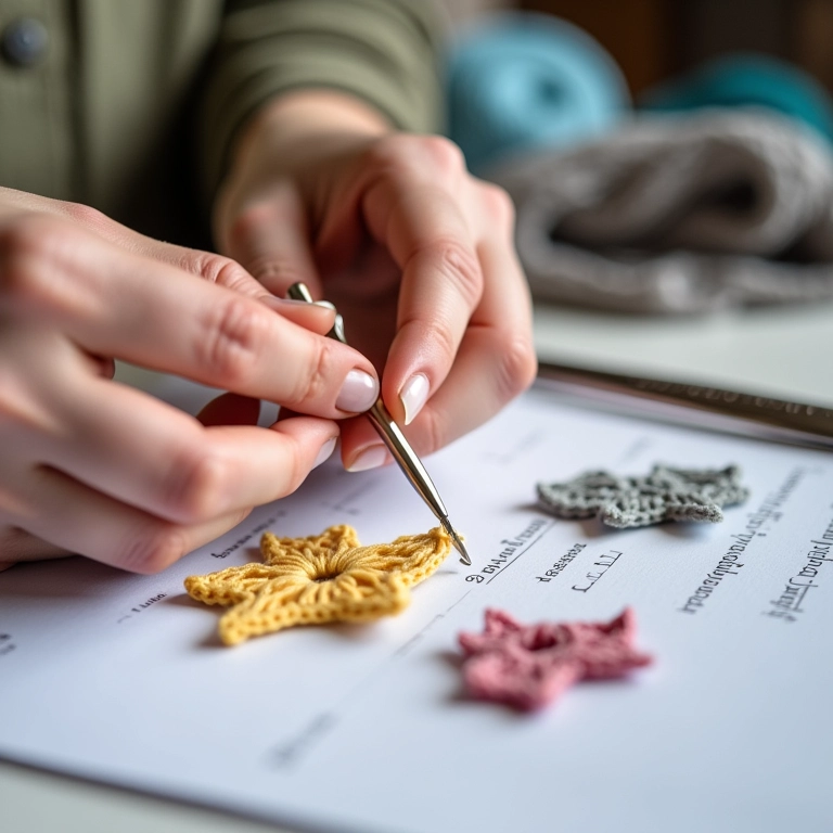 Mãos planejando decorações de casamento com crochê amigurumi.