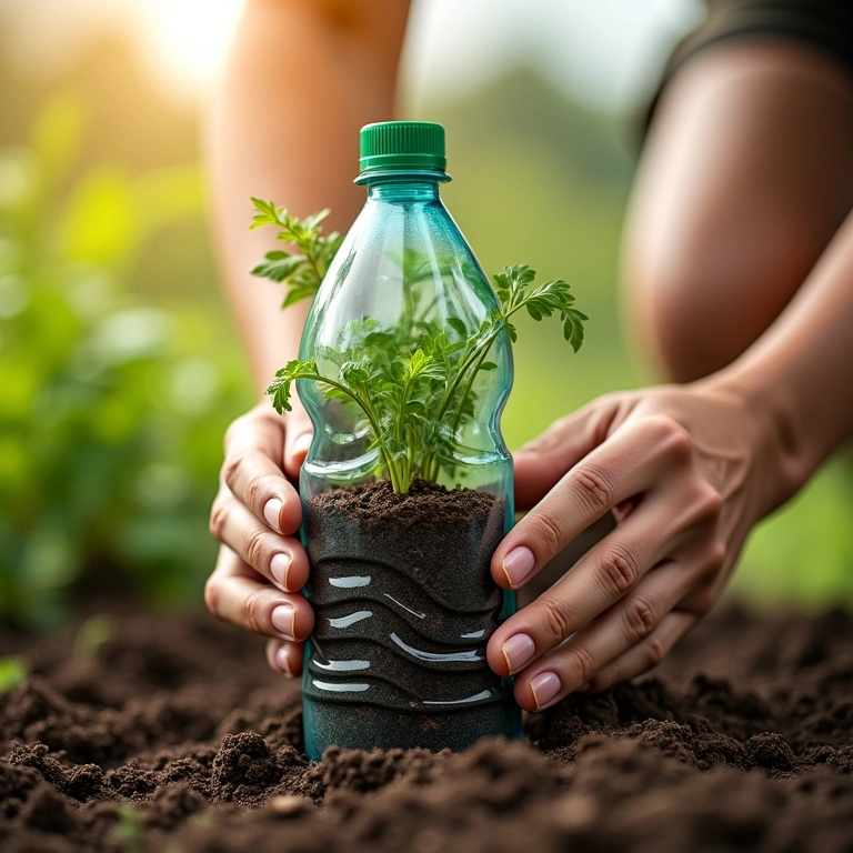 Mãos plantando ervas em garrafa pet reciclada, detalhe do solo e da planta.