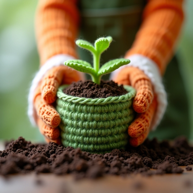 Mãos plantando sementes em um vaso de amigurumi.