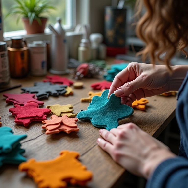 Mãos produzindo vários chaveiros de feltro em um espaço de trabalho organizado com ferramentas e materiais.