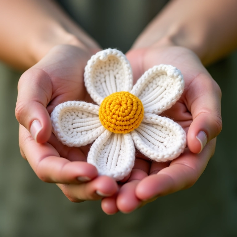 Mãos segurando amigurumi de flor, foco na textura.