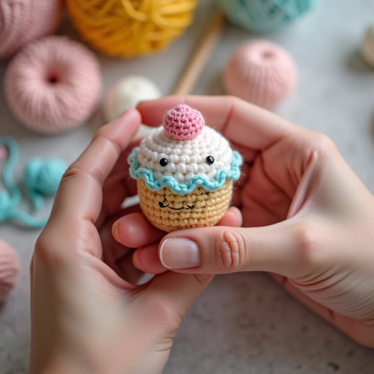 Mãos segurando bolo de crochê, lembrancinha de casamento comestível (não comestível).