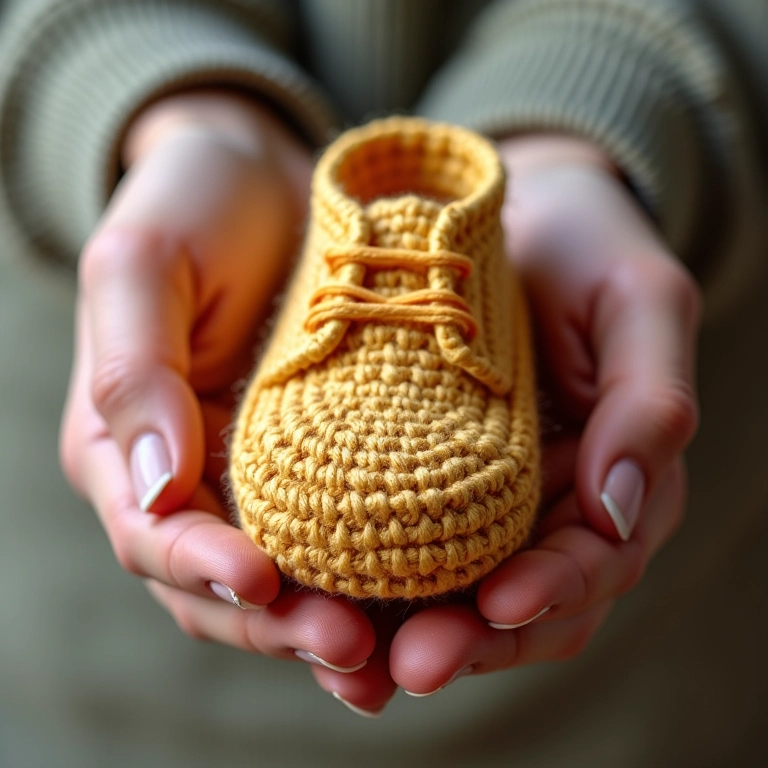 Mãos segurando caixa de sapato de amigurumi, foco nos pontos.