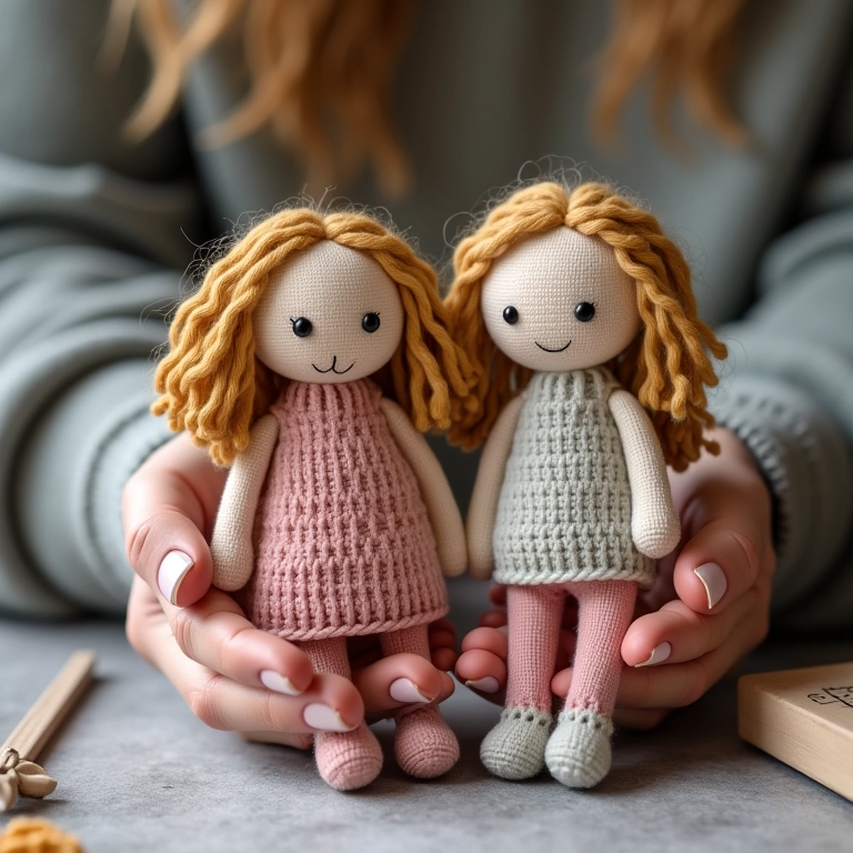 Mãos segurando moldes para criar bonecas de crochê.