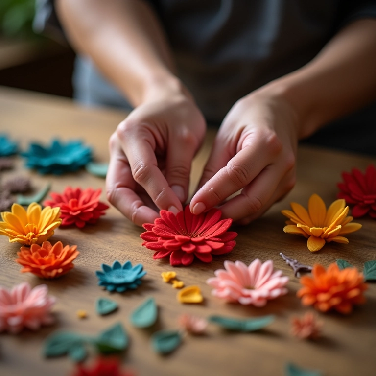 Mãos selecionando feltro de alta qualidade para fazer flores.