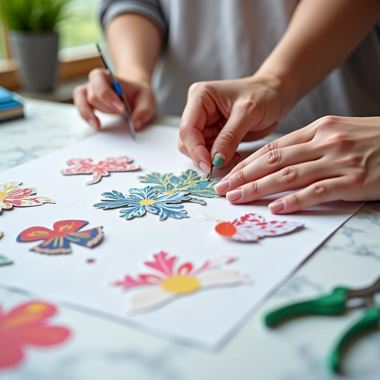 Mãos selecionando recortes de papel decorativos para decoupage.