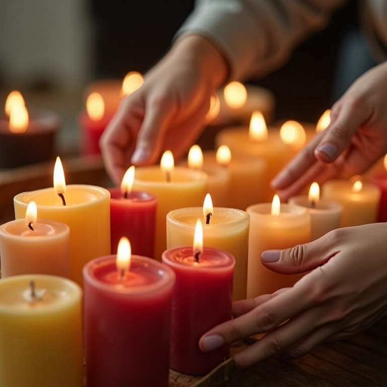 Mãos selecionando velas de alta qualidade.