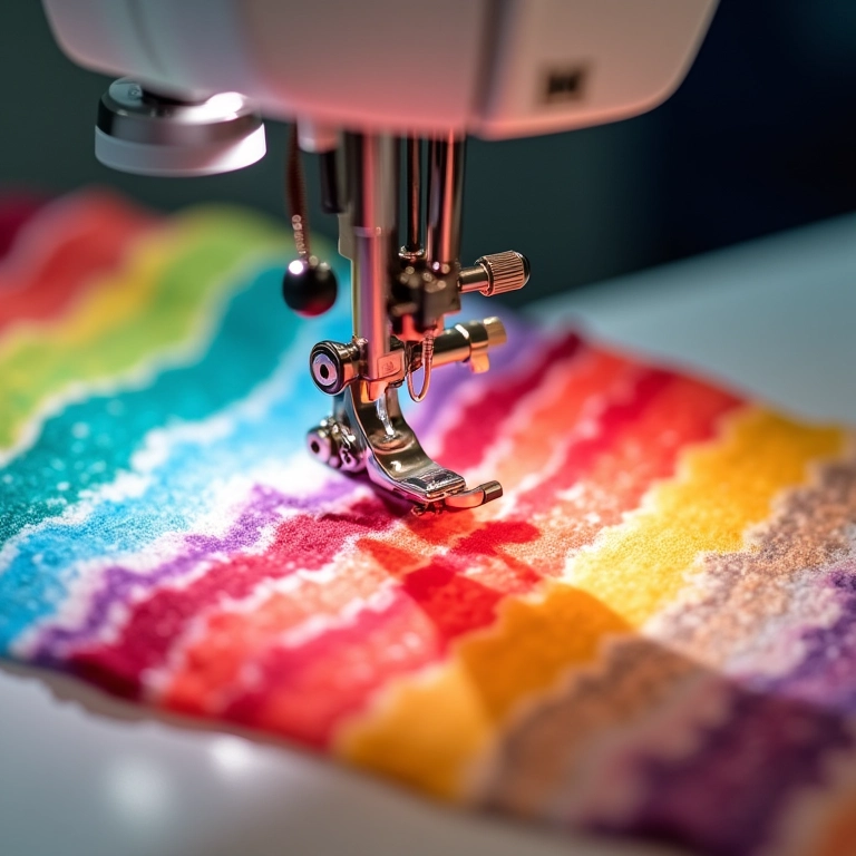 Máquina de costura unindo tiras de 'jelly roll' coloridas, criando um padrão harmonioso.