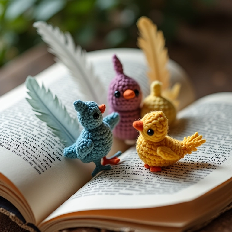 Marcadores de página com penas e passarinhos de amigurumi.