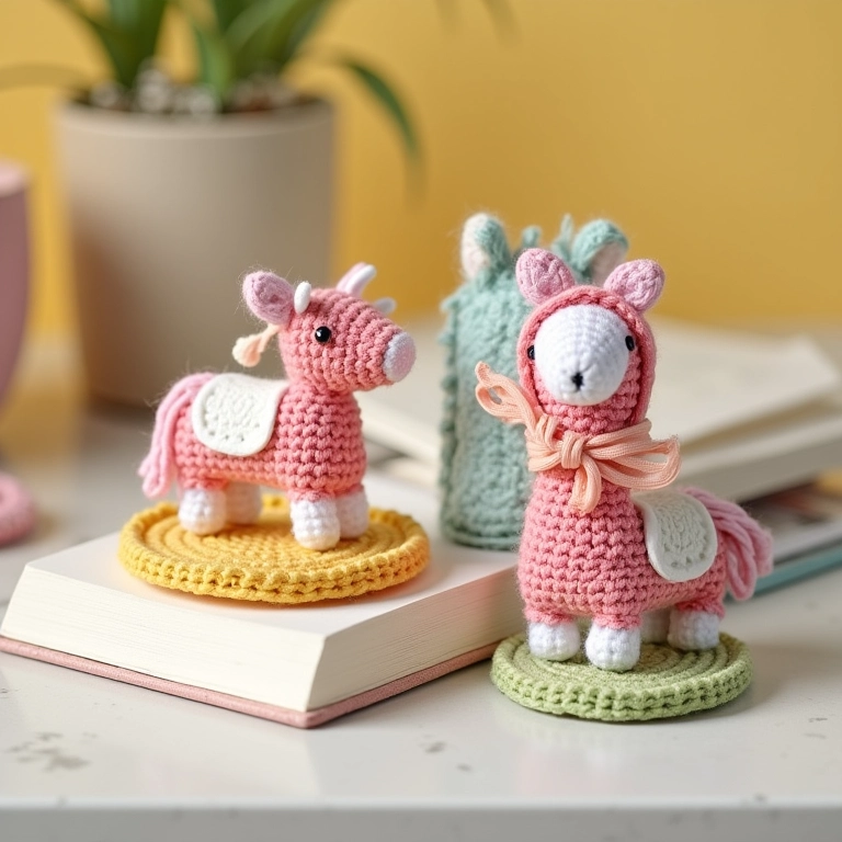 Marcadores de página temáticos com crochê de carrossel.