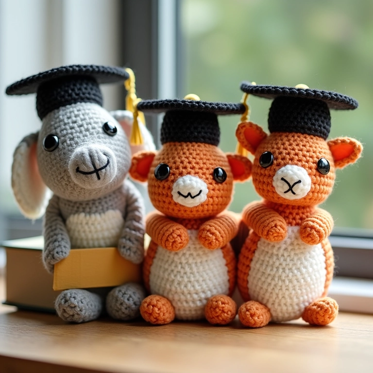 Marcadores de página temáticos de amigurumi (livros, chapéus de formatura).