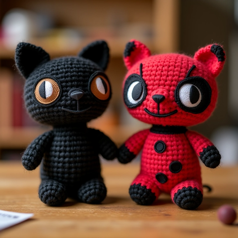 Máscaras da Ladybug e do Cat Noir em amigurumi.