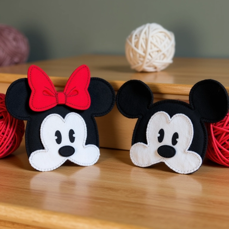 Máscaras de feltro do Mickey e da Minnie para lembrancinhas.