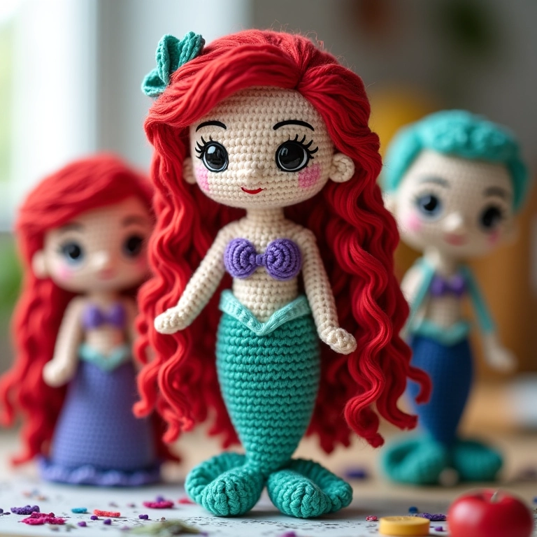 Máscaras de personagens do filme A Pequena Sereia em crochê.