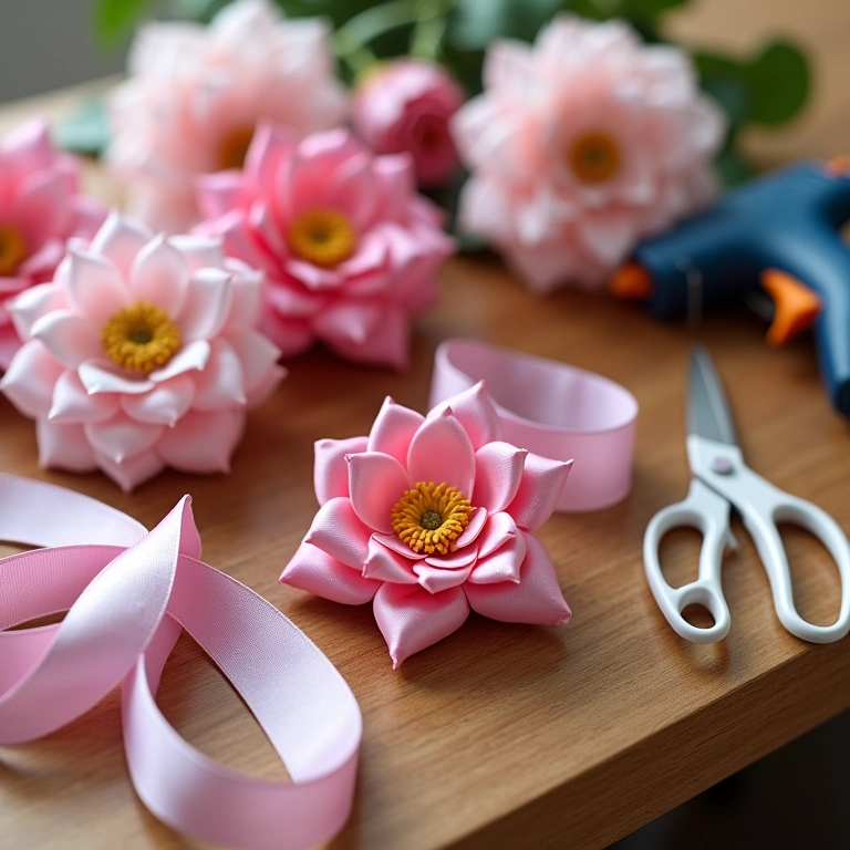 Materiais básicos para criar flores de fita de cetim: fitas, tesoura, cola quente e agulha.