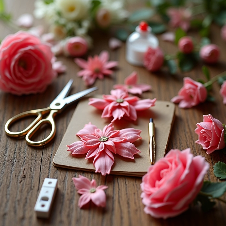 Materiais básicos para criar flores de fita de cetim: tesoura, cola, agulha e linha.