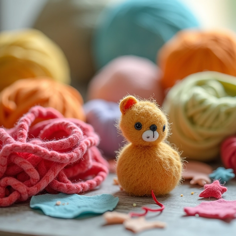 Materiais de artesanato baratos com um pequeno amigurumi ao lado.