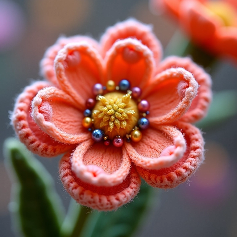 Materiais de decoração para flor de feltro em amigurumi.