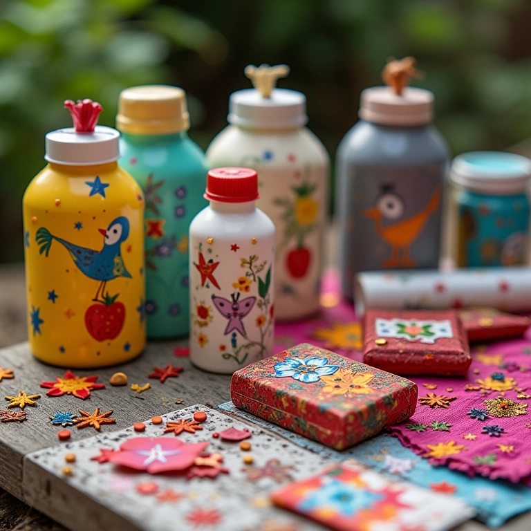 Materiais diversos para decorar caixinhas de leite para artesanato.