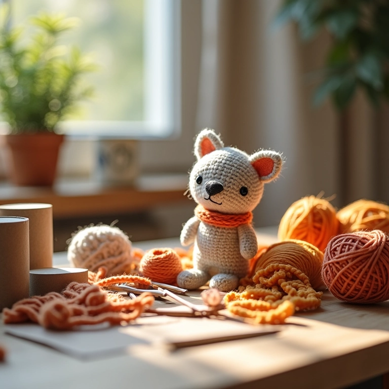 Materiais e amigurumi de rolo de papel em mesa de crochê.