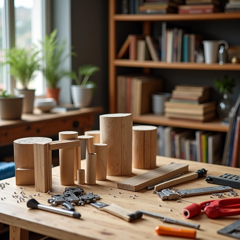 Materiais e ferramentas para construção de estantes DIY: madeira, canos, parafusos.