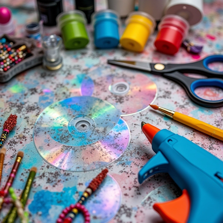 Materiais necessários para criar mandalas e móbiles de CD.