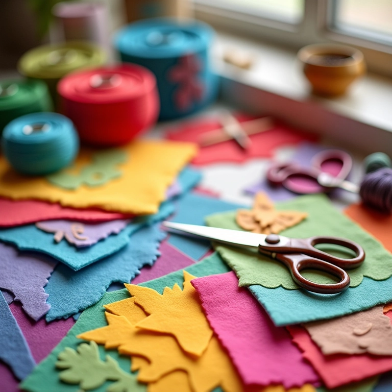 Materiais para criar flores de feltro: feltro colorido, tesoura, linhas e agulhas.