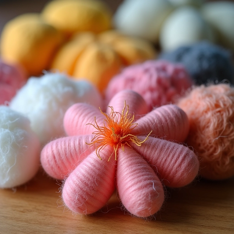 Materiais para fazer flores de 6 pétalas: algodão, lã, acrílico.