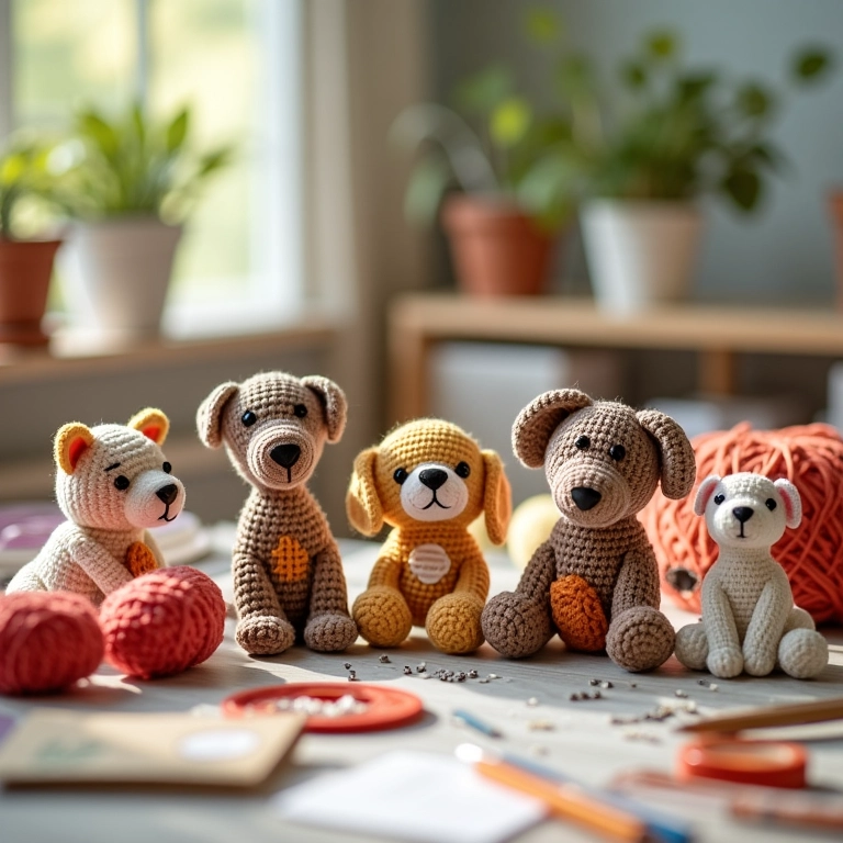 Mesa de artesanato aconchegante com amigurumis de crochê, novelos de lã e ferramentas. Destaque para itens de crochê com tema pet.
