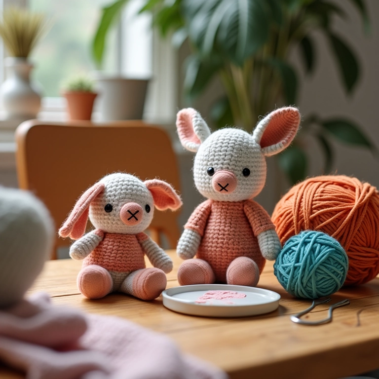 Mesa de artesanato aconchegante com diversos amigurumis.