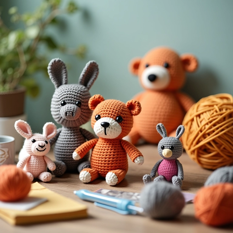 Mesa de artesanato aconchegante com diversos amigurumis.