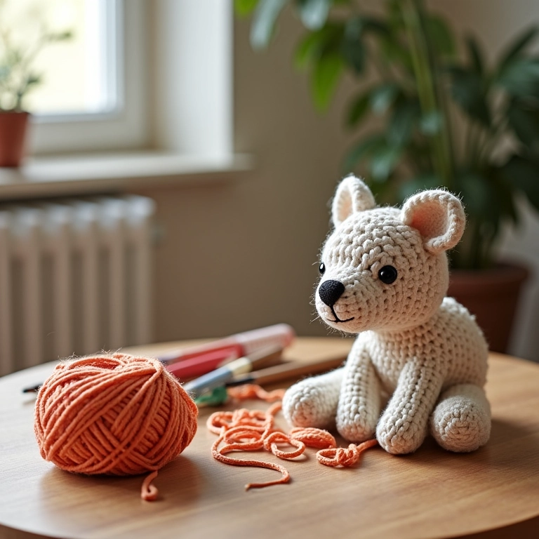 Mesa de artesanato com amigurumi de sofá de pallet.