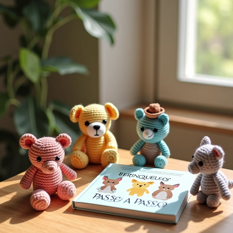 Mesa de artesanato com amigurumis e um livro de passo a passo.