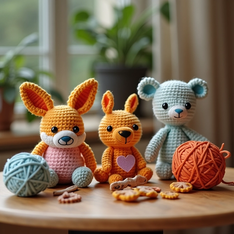 Mesa de artesanato com amigurumis feitos de materiais reciclados, ganchos de crochê e fios.