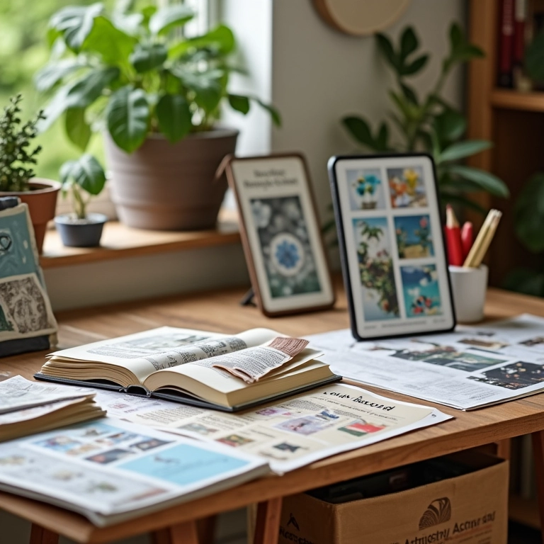 Mesa de artesanato com livros e tablets mostrando inspirações para projetos de reciclagem.