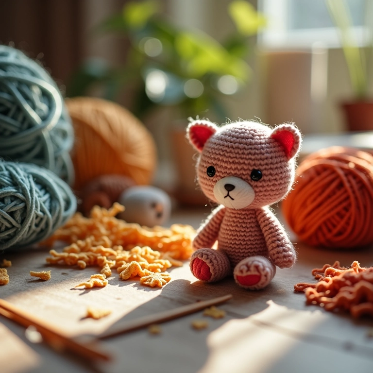 Mesa de artesanato com materiais para crochê e amigurumis.