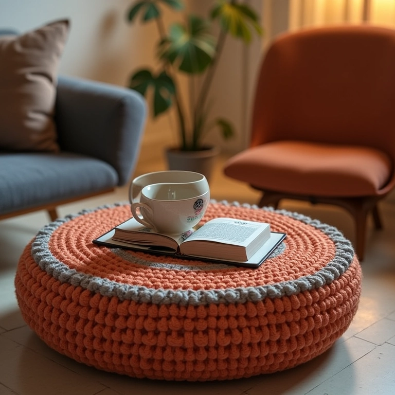 Mesa de centro de caixote de crochê.