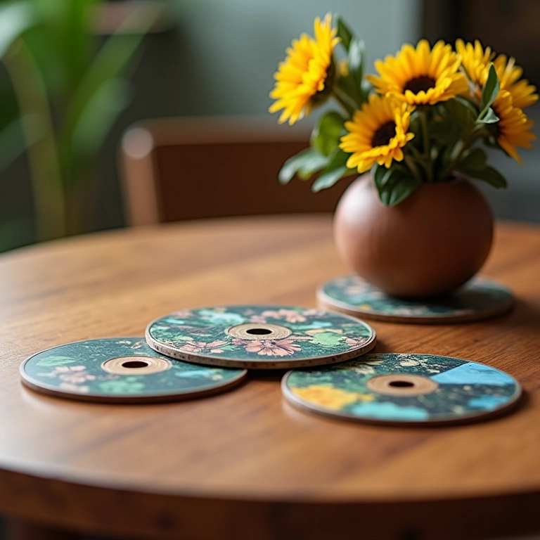 Mesa posta com porta-copos de CD, proteção e estilo.