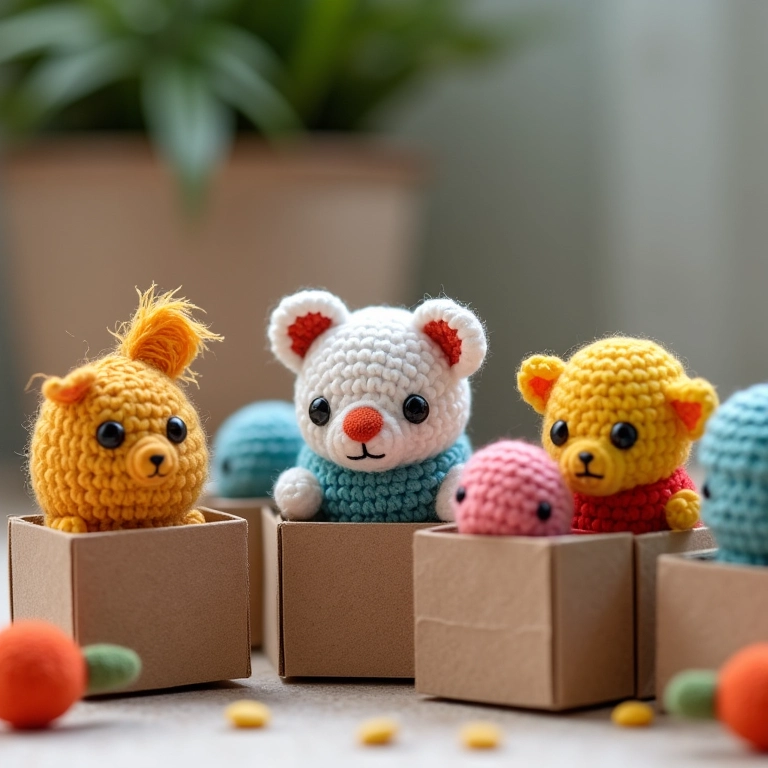 Mini amigurumis de crochê em caixas MDF decoradas.