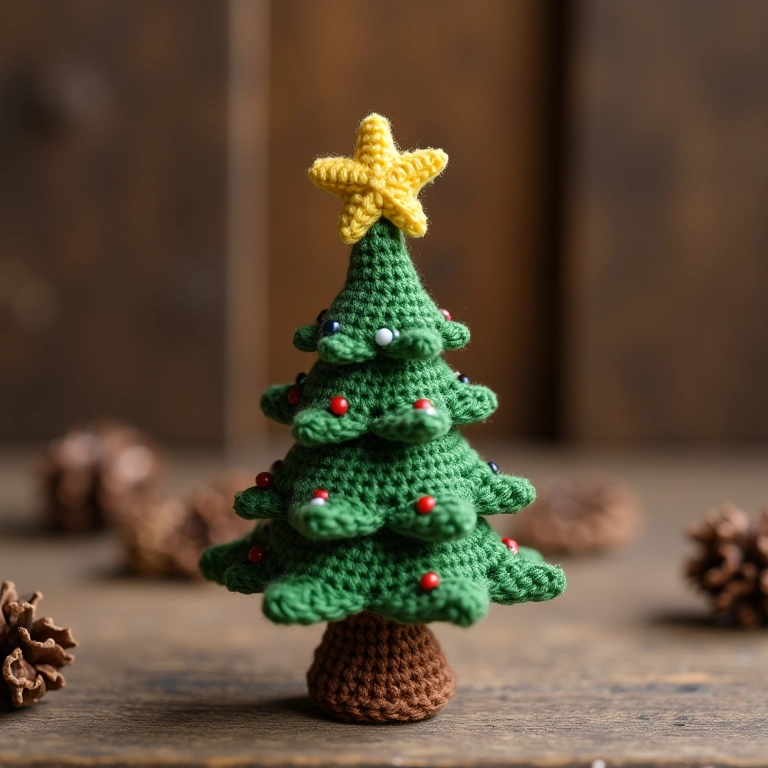 Mini árvore de Natal de crochê inspirada em pallets de madeira reciclada.