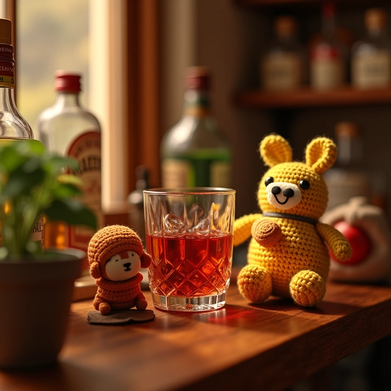 Mini bar decorado com amigurumis de crochê em garrafas.