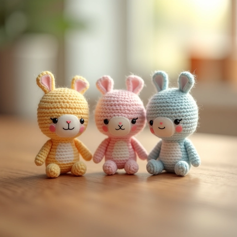Mini bonequinhos personalizados de amigurumi para lembrancinha de batizado.