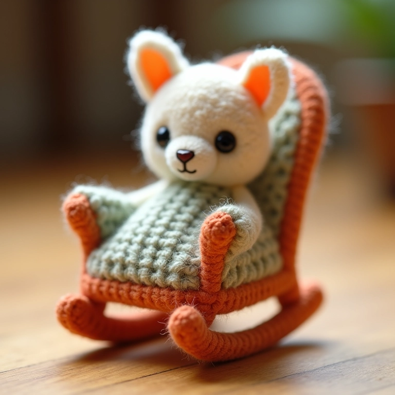 Mini cadeira de balanço rústica em amigurumi com almofada de crochê.
