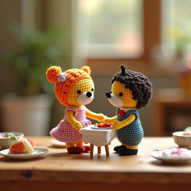 Mini cenário de recepção de casamento rústico em amigurumi.