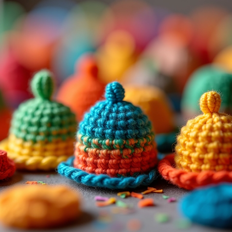 Mini chapéus de palha de crochê coloridos.